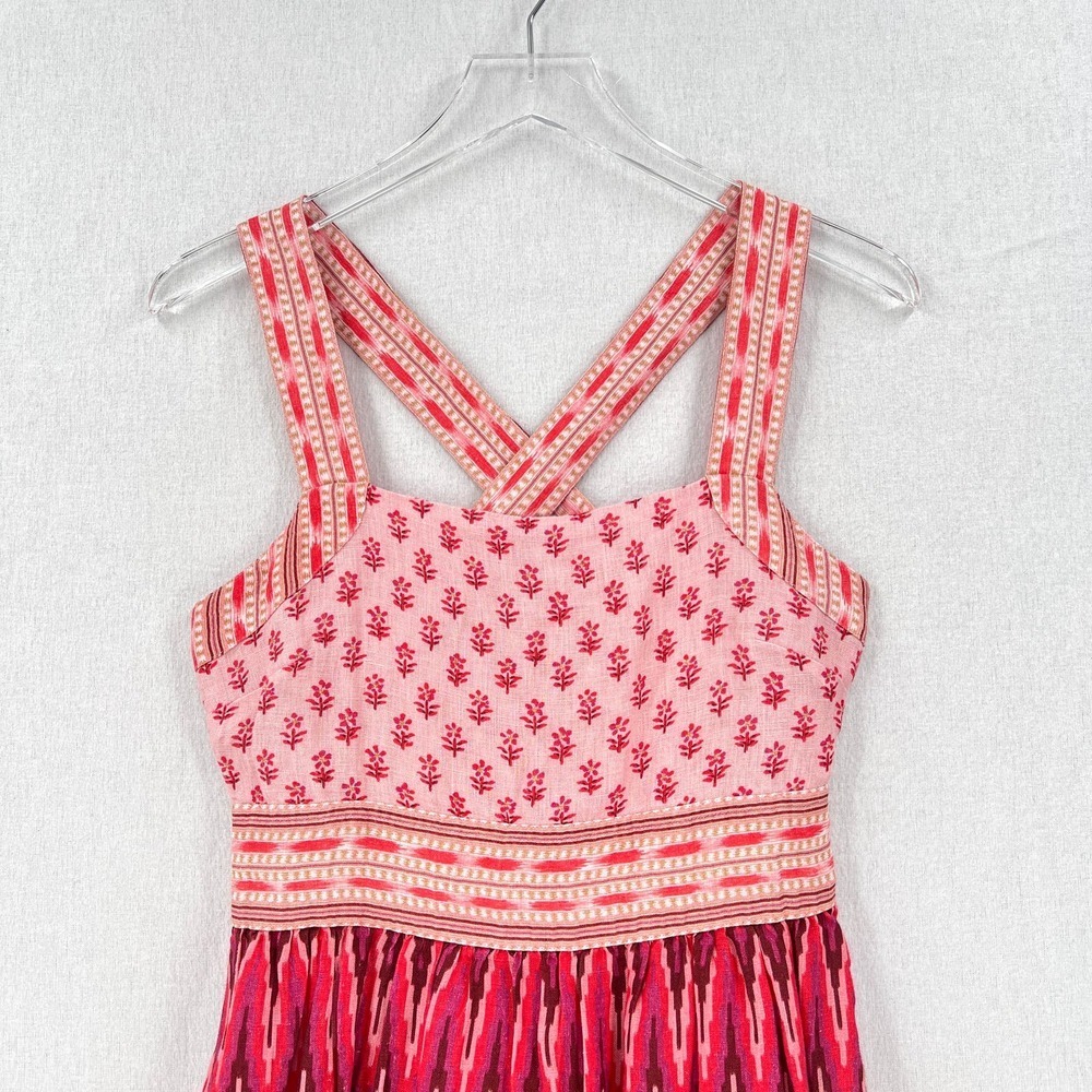 FAHERTY Gracie Linen Maxi Dress Women XS Pink Ikat Print Cotton Sleeveless Boho - Picture 6 of 16